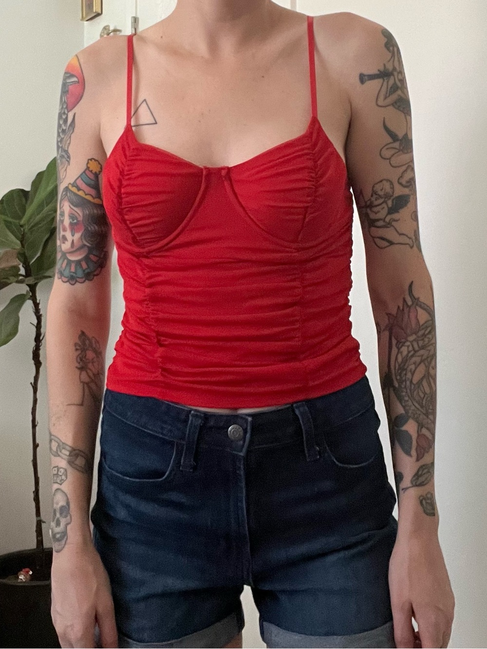 Red Ruched Tank with Spaghetti Straps